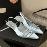 KYLETHOMASW  -  Fashion Silk Women Medium Heels Pumps Shoes Female Pointed Toe Footwear Shallow Ladies Thin Heels Sandals Shoes