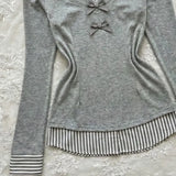 KYLETHOMASW  -  Patchwork Stripe Turn-down Collar Long Sleeve T-shirt Minority Slim Punk Style Crop Top Korea Chic Off Shoulder New Shirt