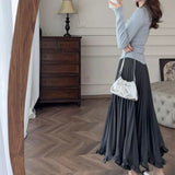 KYLETHOMASW  -  Autumn New Elegant Women's Pleated Skirt Solid Color Elastic Waist A-Line Party Skirts Sweet Ruffles Asymmetric Long Jupe