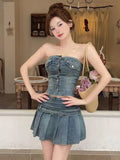 KYLETHOMASW  -  Vintage Denim Slim 2 Piece Set Summer Women Y2K Sexy Strapless Short Crop Tops And Pleated Mini Skirt Streetwear Outfit Casual