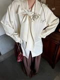 KYLETHOMASW  -  Elegant Beige Blouse Women Chic Bow Tie Long Sleeve Shirt Female Oversized Office Ladies Fashion Vintage Spring Clothes