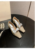 KYLETHOMASW  -  Elegant Bow Decoration Chunky Heel Pumps Women Luxury Rhinestone Ankle Strap Square Toe High Heels Fashion Wedding Bride Shoes