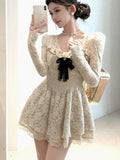 KYLETHOMASW  -  Korean Sweet Lace Dress for Women Elegant Bow Long Sleeves Birthday Party Mini Dresses Spring Female A-Line Short Vestidos Mujer