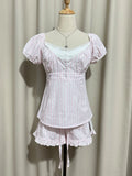 KYLETHOMASW  -  Pink Striped T-Shirt Shorts Set Women Buttons Lace-up Puff Sleeve Top+Ruffles Drawstring Short Pants Cotton Pajama 2 Piece Sets
