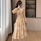 KIylethomasw Fashion Retro Spring Flower Print Chiffon Holiday Dress French Women V Neck High Elastic Waist Puff Sleeve Floral Midi Vestidos