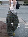 KYLETHOMASW  -  Y2K Plaid Wide Leg Pants Women Summer Streetwear High Waist Loose All Match Pants Casual Pockets Lady Mopping Trousers