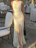 KYLETHOMASW  -  Sexy Solid O-Neck Sleeveless Backless Hollow Out Tassel Maxi Dress Women Summer Bodycon Zipper Long Dress Club Beach