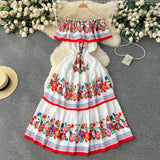 KYLETHOMASW  -  French Court Style Dresses Floral One Shoulder Casual Dress Women Summer Straps Waistband Beautiful Long Clothes