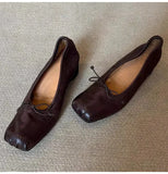 KYLETHOMASW  -  Retro Square toe folding Bowknot Soft Leather Women Pumps Ballet Style Thick High heels Casual Chunky Loafer Shoes