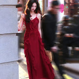 KYLETHOMASW  -  Vintage Red Midi Dress Women Elegant Party Prom Ruffles Spaghetti Strap Dresses Summer Fairy Korean Bodycon Chic Vestidos