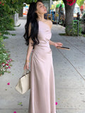 KIylethomasw Elegant Evening Party Satin Long Dresses for Women Summer Pink Birthday Robe Sexy Slash Sleeveless Slim Female Clothing