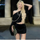 KYLETHOMASW  -  Womens One Shoulder Satin Two Piece Set Cape Sleeve Crop Top and Mini Skirt Set