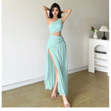 KYLETHOMASW  -  Sexy Hollow Waistless Maxi Dress Women Skew Collar Off Shoulder High Splits Hem Summer Holiday Style Ruched Elegant Dress