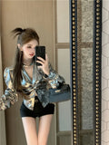 Kylethomasw Halter Shiny Blouse Women Puff Sleeve V-Neck Slim Fit Ladies Shirts Autumn Winter Design Streetwear Fashion Silver Top