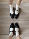 KYLETHOMASW  -  Women Shallow Mouthed Mary Jane Shoes Thick Heel with A Single Button Women Leather Shoes Metal Decorative Leisure Flat Shoes