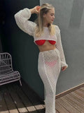 Kylethomasw Sexy Women Y2k Hollow Out Maxi Skirt Set Crochet Long Sleeve Tie Up Crop Top Bodycon Knitted Long Skirt 2 Piece Suits Solid