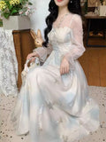 KYLETHOMASW  -  Floral V Neck Long Dress Spring Summer A-line French Style Vintage Women Dresses Elegant Sweet A-line Vestidos Mujer