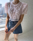 KYLETHOMASW  -  Retro Style Three-dimensional Lace Short Shirt Women Summer New Design Niche Bubble Sleeve Elegant Top