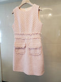 KIylethomasw Small Fragrance Runway Pink Tweed Dress Women's Sleeveless O Neck Zipper Vintage Fringe Tassels Wool Two Pockets Tank Vestidos