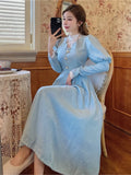 KYLETHOMASW  -  French Vintage Autumn Midi Dresses for Women Puff Sleeve Half High Collar Patchwork Lace A-line Retro Princess Dress Vestidos