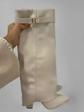 KYLETHOMASW  -  New Autumn and Winter New Pointed Metal Buckle Knee High Women's Boots, Thick High-heeled Pants Boots, Fashionable Mid Leg Boots