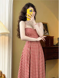 Kylethomasw Elegant Plaid Midi Dress Women French Vintage Spaghetti Strap A-line Spring Summer Holiday Beach Style Prom Robe Vestidos Mujer