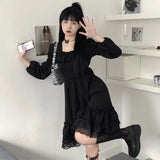 Kylethomasw 2024 Spring New Ruffles Lace Black Dresses Elegant Square Collar Dress for Women Y2k E-Girl Long Sleeve Loose Vestidos Mujer