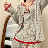 KYLETHOMASW  -  Women Autumn Sweet Floral Print 3-Piece Pajama Set Lace Trim Long Sleeve Cardigan Cami Pants Soft Home Loungewear For Ladies