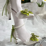 KYLETHOMASW  -  Japanese Kawaii Lolita Stiletto Heels Women Sweet Handmade Green Bow Pointed Tip Mary Jane Shoes Vintage Elegant Wedding Party