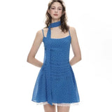 KYLETHOMASW  -  Blue Sleeveless Polka Dot Suspender Skirt with Waist Fashionable Holiday Style Dress Women Summer Sweet Scarf Skirt Chic
