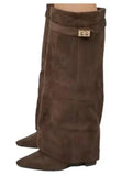 KYLETHOMASW  -  New Autumn and Winter New Pointed Metal Buckle Knee High Women's Boots, Thick High-heeled Pants Boots, Fashionable Mid Leg Boots