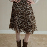 KYLETHOMASW  -  Summer New Retro Coffee Leopard Pattern Casual High Waist Flaw ruffled Half length Skirt for Women