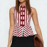 KYLETHOMASW  -  Striped Mandarin Collar Frog Button Ruffle Trim Top Striped Single‑breasted Summer Women Blouse Versatile Casual Lady Office Top