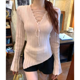 Kylethomasw High Street Solid Color Casual Irregular Long Sleeve Sweater Women 2025 Spring New V-neck Lace-up Sexy Slim Thread Knitted Tops