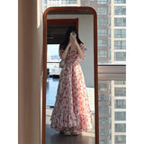 KYLETHOMASW  -  Summer Niche French Pink Floral Off-shoulder Dress Atmosphere Sense Vacation Style Tea Break Long Skirt Princess Dress