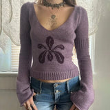 KYLETHOMASW  -  Cropped Sweater Pullover Women Embroidery Flowers V Neck Slim Stretch Long Sleeve Basic Vintage Y2k Harajuku Jumper
