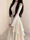 KYLETHOMASW  -  Japanese Elegant Fashion Knit Long Sleeve Dress Women Slim Irregular Design Long Dress Harajuku Sweet Off-Shoulder Chic Outfits