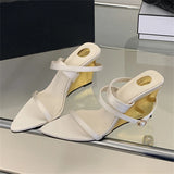 KYLETHOMASW  -  Fashion Design Wedges High Heels Women Sandals Street Style Buckle Strap Pointed Toe Banquet Shoes Summer Pumps