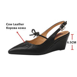 KYLETHOMASW  -  Fashion Women Genuine Leather Slingbacks Pumps Sexy Pointed Toe Silver Black Wedges Heels Shoes Woman Summer Pumps