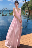 KYLETHOMASW  -  Women Pink Temperament Backless Pleated Vest Dress Summer New Elegant Ladies V-neck Sleeveless High Waist Vestidos Robe