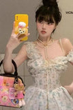 KYLETHOMASW  -  Spring Fashion Miu Style Dopamine Waist-Cinching Cat Print Bubble Hem Cami Dress for Women Female Lady Cute Summer Mini Dress