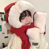 KYLETHOMASW  -    Red Christmas Gift Hat Scarf All in One Women Winter Hats Cute Plush Warm Ear Protection Neck Scarf Hat & Glove Sets 3PCS