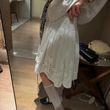 KYLETHOMASW  -  Korean Style Fashion Vintage Elegant Cutout Embroidered White A-Line Midi Skirt Summer Sweet Kawaii Ruffle Mini Skirts for Women