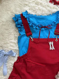 KYLETHOMASW  -  New Japanese Kawaii Women's 2 Piece Sets Vintage Y2k Blue Tops + Red Suspender Pants Fashion Female Chic Korean Popular Clothes