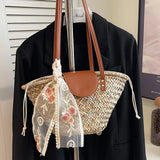KYLETHOMASW  -  Women Straw Woven Tote Bag Summer Beach Bags Large Capacity Tote Clutch Bags with Ribbon Chic Hobo Bag for Party Vacation