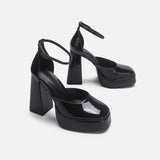 KYLETHOMASW  -  Women's Black Ultra High Heel Waterproof Platform Lacquer Leather Round Toe Thick Sole Single Shoe Large High Thick Heels