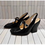 KYLETHOMASW  -  Fashion Black Patent Leather Mary Janes Slingbacks Women Pumps Spring Summer Wave Toe Chunky High Heels Office Lady Daily Shoes