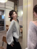 KYLETHOMASW  -  Lazy Halter Bow Round Neck Sweater Female Sueter Mujer Autumn Vintage Long-sleeved Pullovers Loose Thin Gentle Gray Top