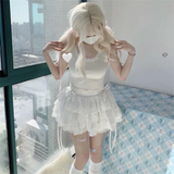 KYLETHOMASW  -  Kawaii Patchwork Lace Up Japanese Cutecore Mini Skirt Summer Lolita Skirt Women Harajuku White High Waist A-line Lace Skirt