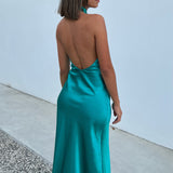 KYLETHOMASW  -  Elegant Satin Maxi Dresses For Women Birthday Party Sexy Chest Wrap Backless Bandage Halter Long Dress Club Evening Robe Summer